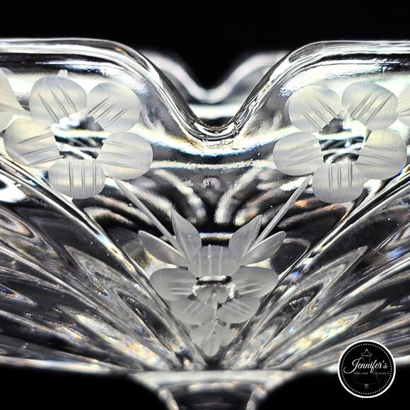 Vintage Hand Cut Frosted Etched Floral Crystal Square Pedestal Compote Dish - Picture 12 of 16
